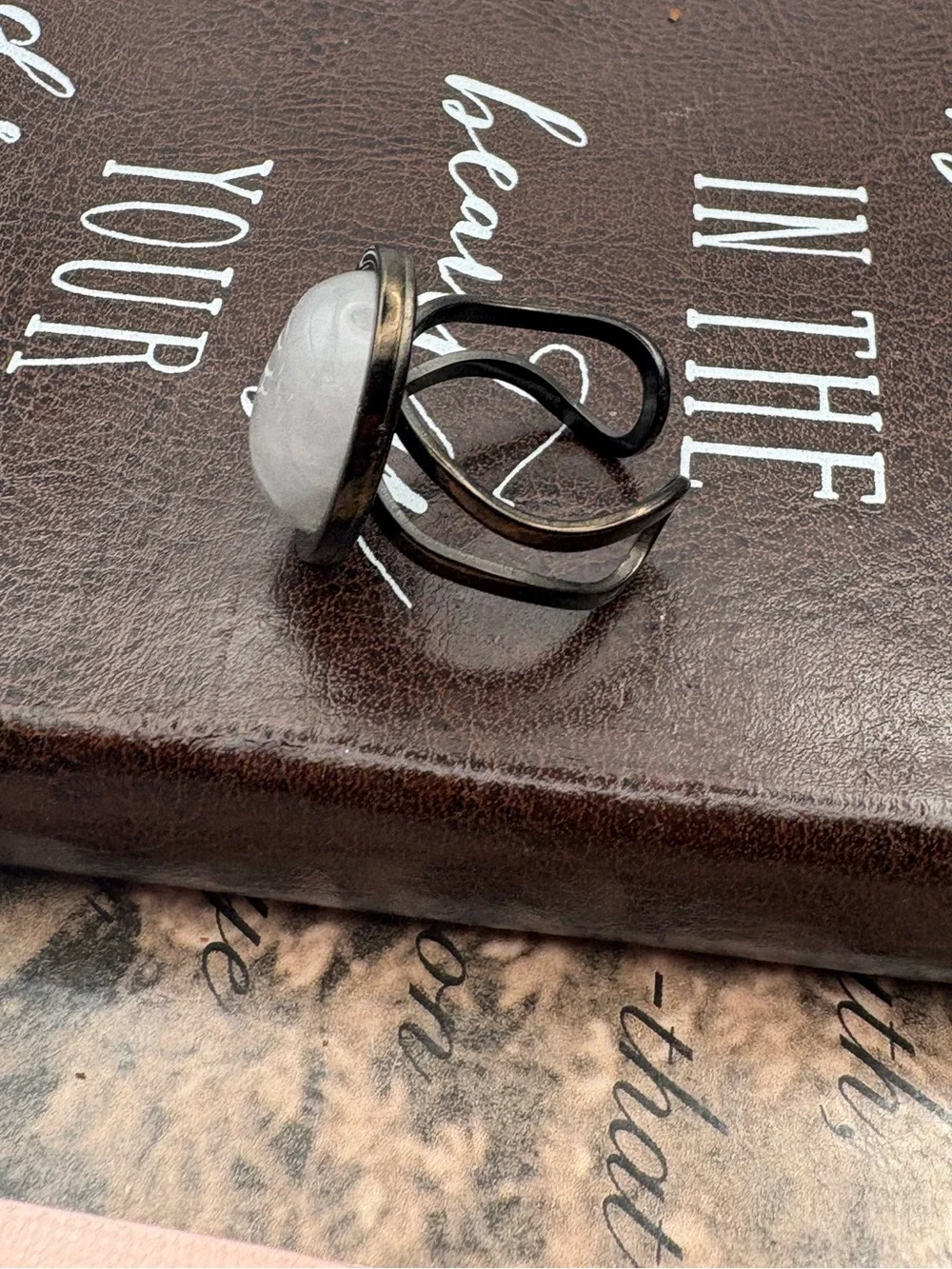 Handmade White Quartz Adjustable Black Statement Ring